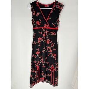 VTG Ruby Rox Babydoll Empire Dark Floral Midi Dress Sz S Y2K Romantic Mesh Goth